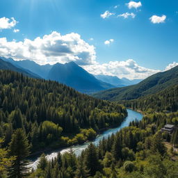 A stunning landscape showcasing magnificent mountains in the distance, a gently flowing river winding through a rich and lush forest, abundant with various shades of green foliage