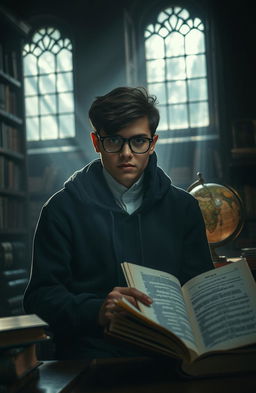 A mysterious high school student sitting alone in a dimly lit library, surrounded by ancient books