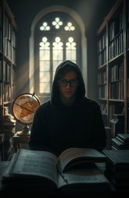 A mysterious high school student sitting alone in a dimly lit library, surrounded by ancient books