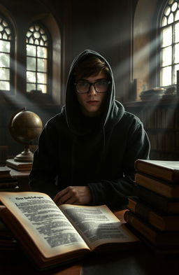 A mysterious high school student sitting alone in a dimly lit library, surrounded by ancient books