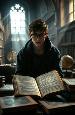 A mysterious high school student sitting alone in a dimly lit library, surrounded by ancient books