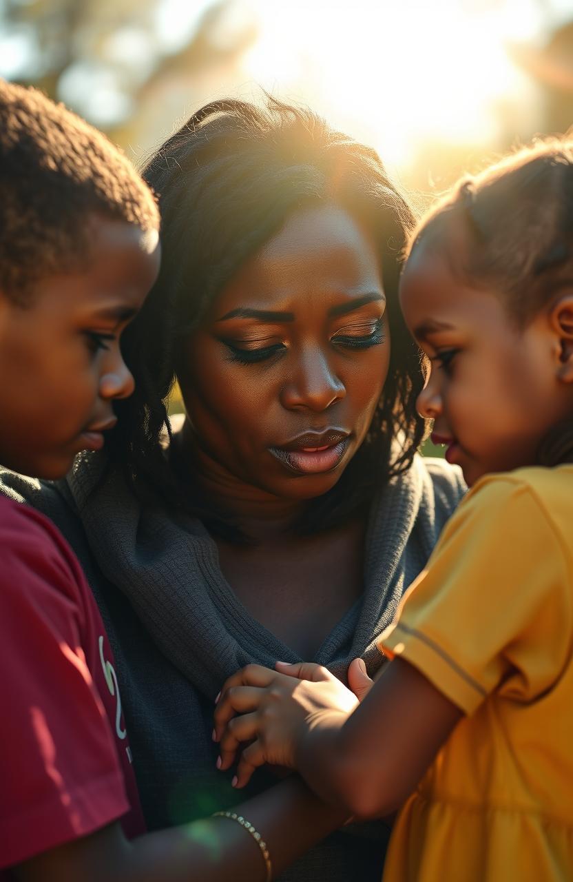 A poignant scene featuring a black woman crying, surrounded by two boys and a girl, with a bright sun shining in the background