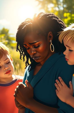 A poignant scene featuring a black woman crying, surrounded by two boys and a girl, with a bright sun shining in the background
