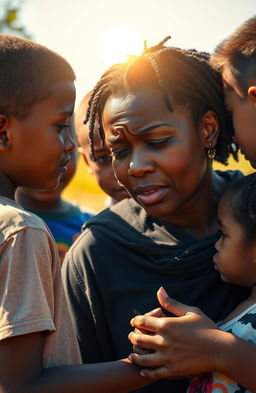 A poignant scene featuring a black woman crying, surrounded by two boys and a girl, with a bright sun shining in the background