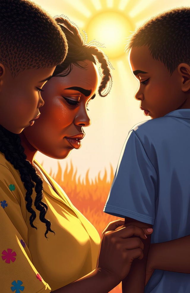 A poignant scene featuring a black woman crying, surrounded by two boys and a girl, with a bright sun shining in the background