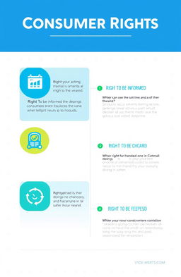 A visually engaging infographic illustrating consumer rights, featuring key elements such as the right to safety, the right to be informed, the right to choose, the right to be heard, and the right to redress
