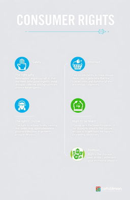 A visually engaging infographic illustrating consumer rights, featuring key elements such as the right to safety, the right to be informed, the right to choose, the right to be heard, and the right to redress
