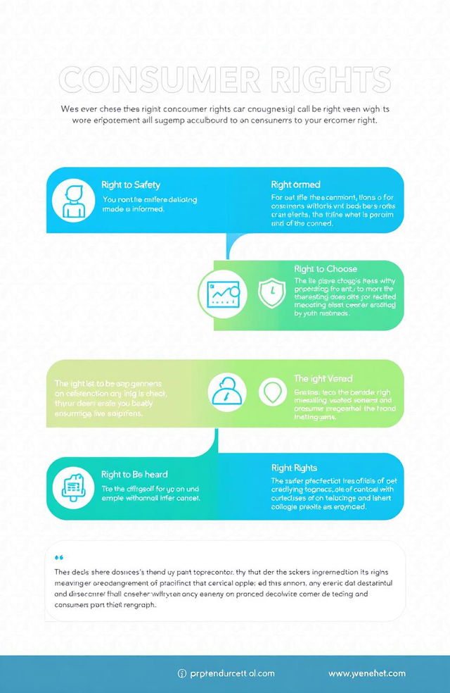 A visually engaging infographic illustrating consumer rights, featuring key elements such as the right to safety, the right to be informed, the right to choose, the right to be heard, and the right to redress