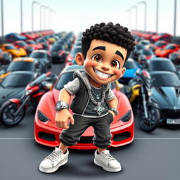 A cartoon character wearing sporty clothing, adorned with a diamond chain around the neck and a diamond watch on the wrist, smiling brightly with diamond-studded teeth