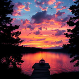 A majestic sunset over a tranquil lake, with vibrant orange, pink, and purple hues reflecting on the water's surface