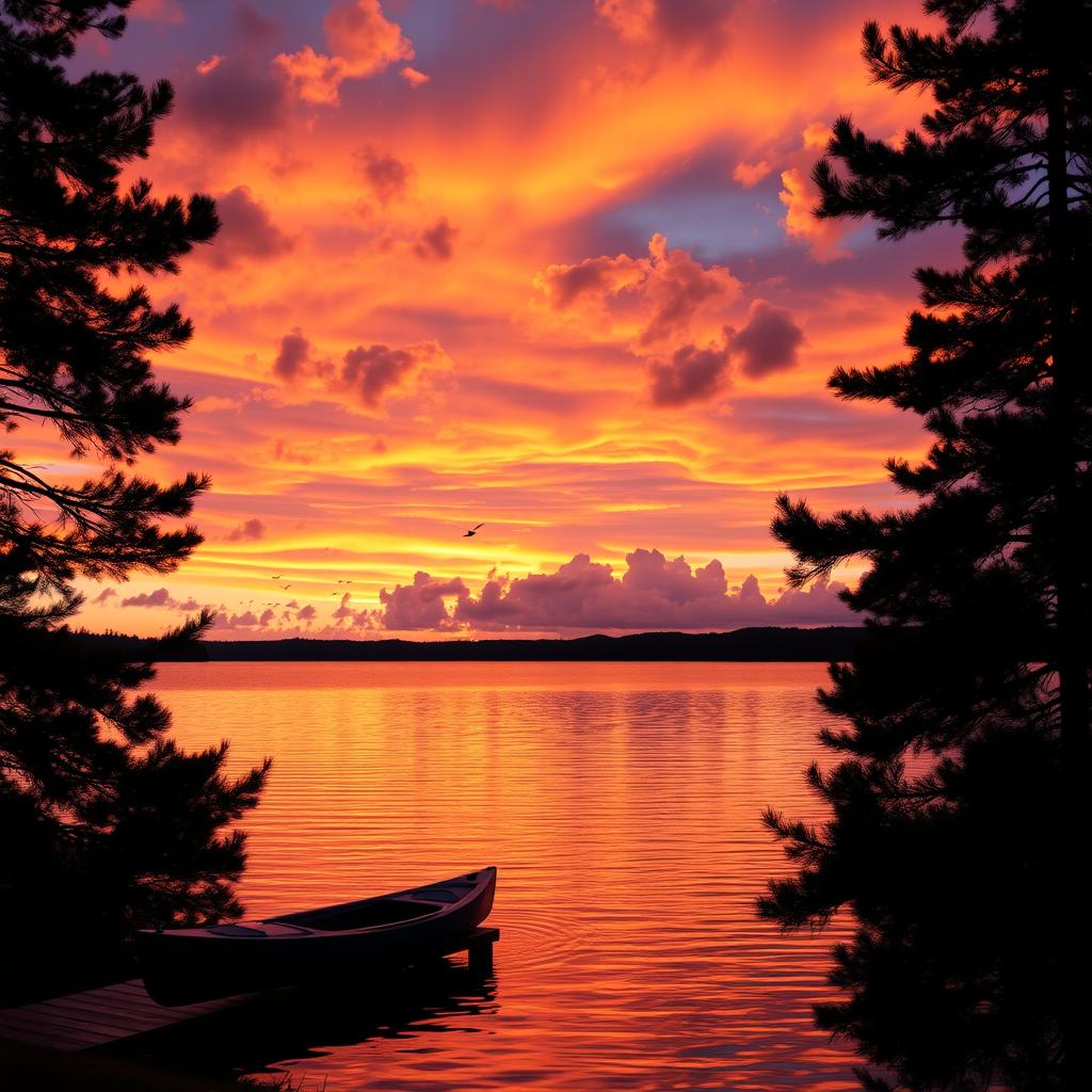 A majestic sunset over a tranquil lake, with vibrant orange, pink, and purple hues reflecting on the water's surface