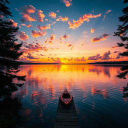 A majestic sunset over a tranquil lake, with vibrant orange, pink, and purple hues reflecting on the water's surface