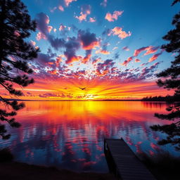 A majestic sunset over a tranquil lake, with vibrant orange, pink, and purple hues reflecting on the water's surface
