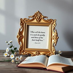 An elegant decorative frame designed for displaying a quotation, featuring intricate gold filigree details and a classic baroque style