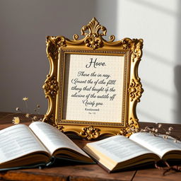 An elegant decorative frame designed for displaying a quotation, featuring intricate gold filigree details and a classic baroque style