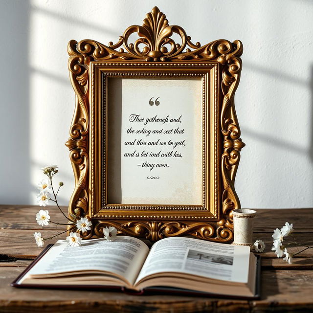 An elegant decorative frame designed for displaying a quotation, featuring intricate gold filigree details and a classic baroque style