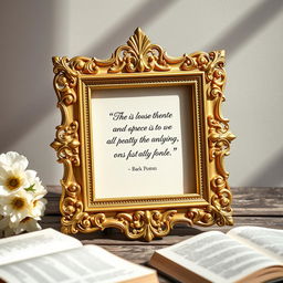 An elegant decorative frame designed for displaying a quotation, featuring intricate gold filigree details and a classic baroque style