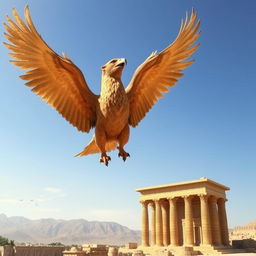 A majestic griffin soaring through the sky towards the ancient ruins of Persepolis, its powerful wings spread wide, showing off intricate feather details