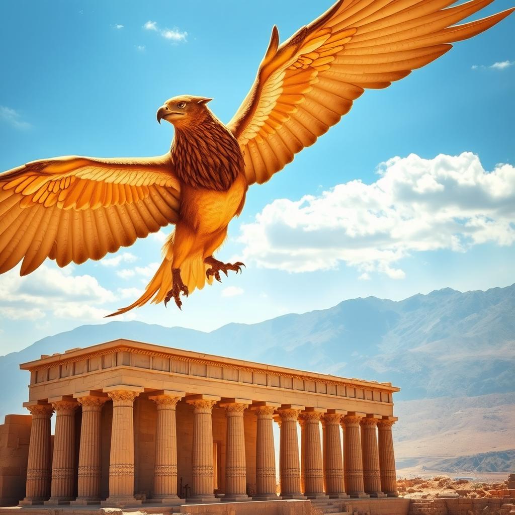 A majestic griffin soaring through the sky towards the ancient ruins of Persepolis, its powerful wings spread wide, showing off intricate feather details