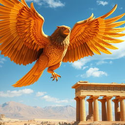 A majestic griffin soaring through the sky towards the ancient ruins of Persepolis, its powerful wings spread wide, showing off intricate feather details