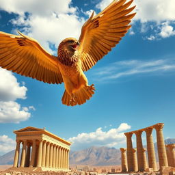 A majestic griffin soaring through the sky towards the ancient ruins of Persepolis, its powerful wings spread wide, showing off intricate feather details