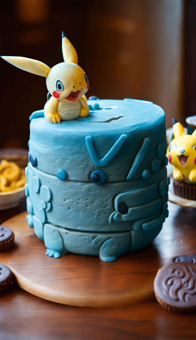 HD editorial photograph of a Squirtle-themed Pokemon cake on a wooden table, surrounded by Pokemon-themed cupcakes and cookies.