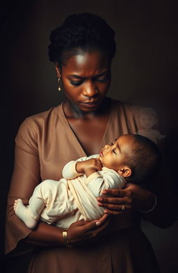 A poignant scene of a black woman expressing deep sorrow, holding a deceased child