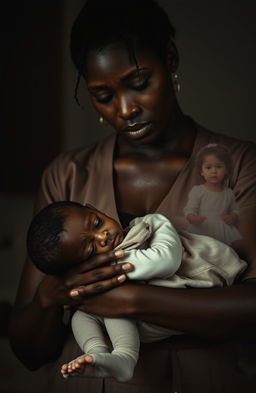 A poignant scene of a black woman expressing deep sorrow, holding a deceased child