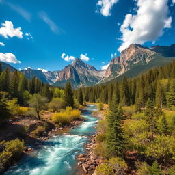 An enchanting landscape featuring breathtaking mountains towering majestically in the background, a crystal-clear river gracefully flowing through a verdant and lush forest filled with diverse trees and underbrush