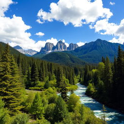 An enchanting landscape featuring breathtaking mountains towering majestically in the background, a crystal-clear river gracefully flowing through a verdant and lush forest filled with diverse trees and underbrush