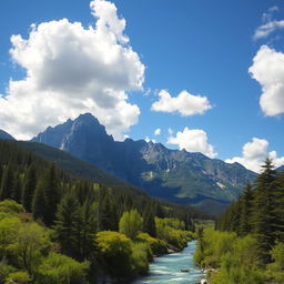 An enchanting landscape featuring breathtaking mountains towering majestically in the background, a crystal-clear river gracefully flowing through a verdant and lush forest filled with diverse trees and underbrush
