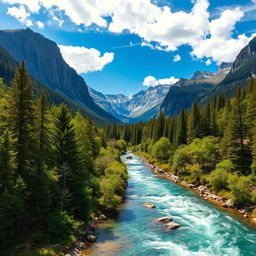 An enchanting landscape featuring breathtaking mountains towering majestically in the background, a crystal-clear river gracefully flowing through a verdant and lush forest filled with diverse trees and underbrush
