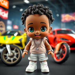 A cute doll character wearing sporty clothing, adorned with a diamond chain and a diamond watch