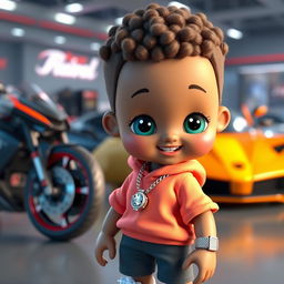 A cute doll character wearing sporty clothing, adorned with a diamond chain and a diamond watch