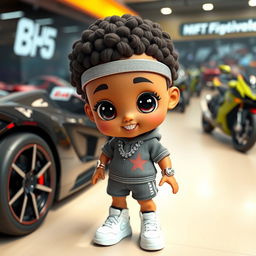 A cute doll character wearing sporty clothing, adorned with a diamond chain and a diamond watch