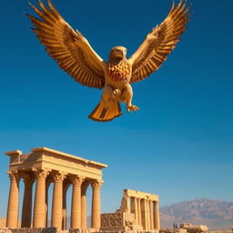 A majestic griffin soaring through the sky towards the ancient ruins of Persepolis, its powerful wings spread wide, displaying intricate details of its feathers in golden and brown hues