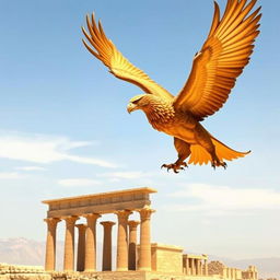 A majestic griffin soaring through the sky towards the ancient ruins of Persepolis, its powerful wings spread wide, displaying intricate details of its feathers in golden and brown hues