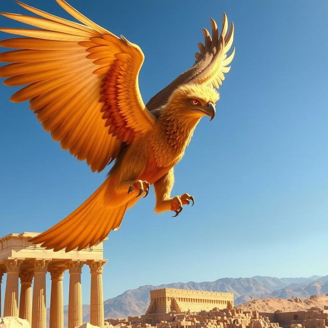 A majestic griffin soaring through the sky towards the ancient ruins of Persepolis, its powerful wings spread wide, displaying intricate details of its feathers in golden and brown hues