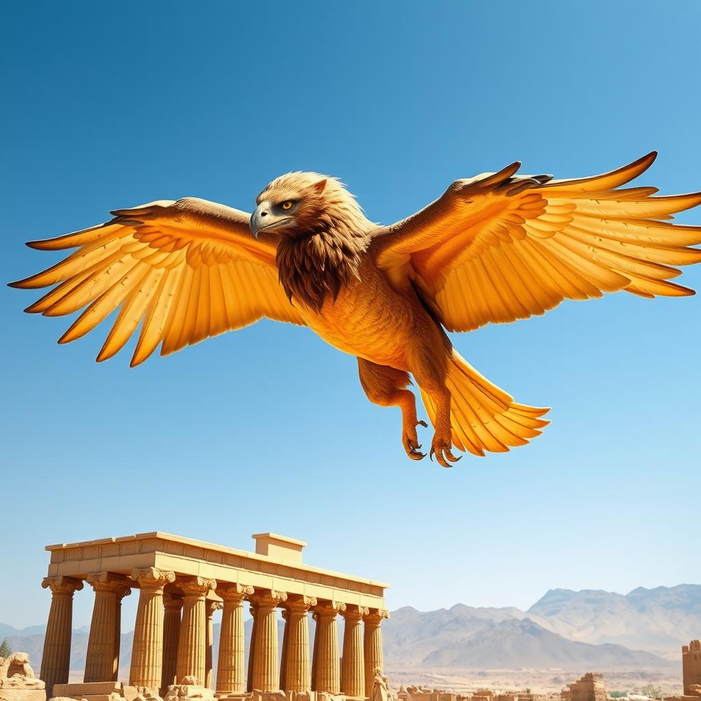 A majestic griffin soaring through the sky towards the ancient ruins of Persepolis, its powerful wings spread wide, displaying intricate details of its feathers in golden and brown hues