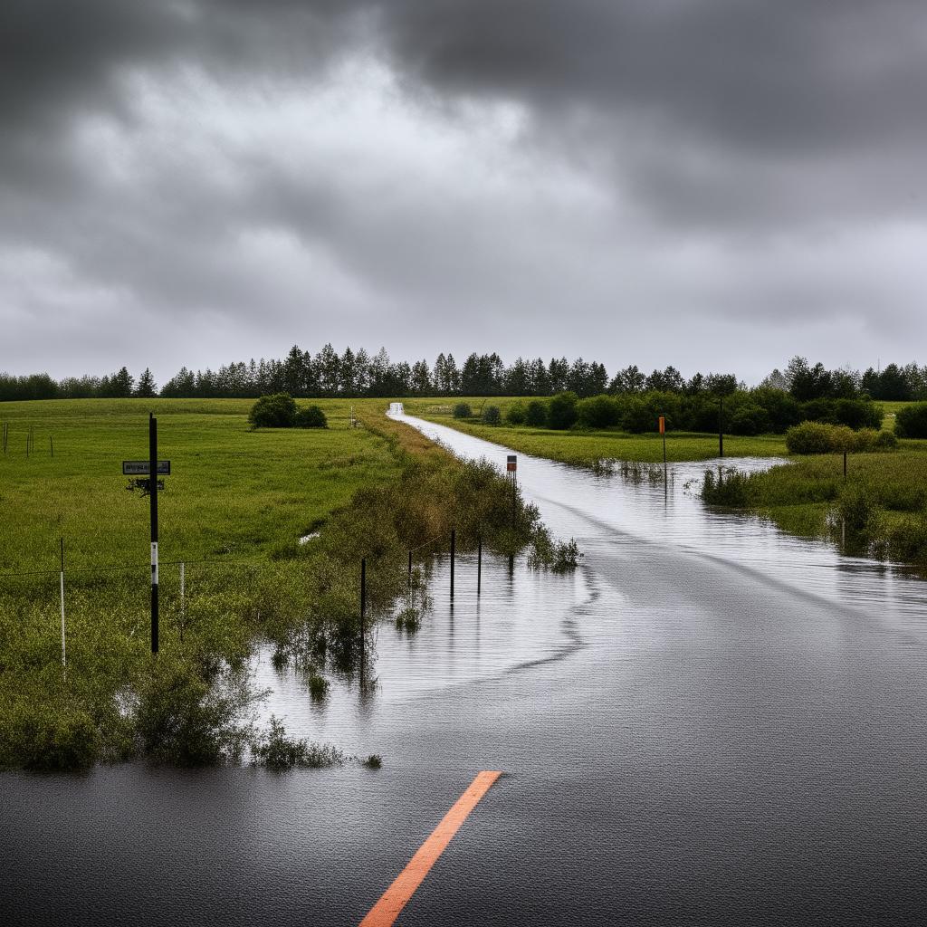 A one-lane road dramatically flooded by water, creating a powerful scene of nature's force disrupting man-made infrastructure.