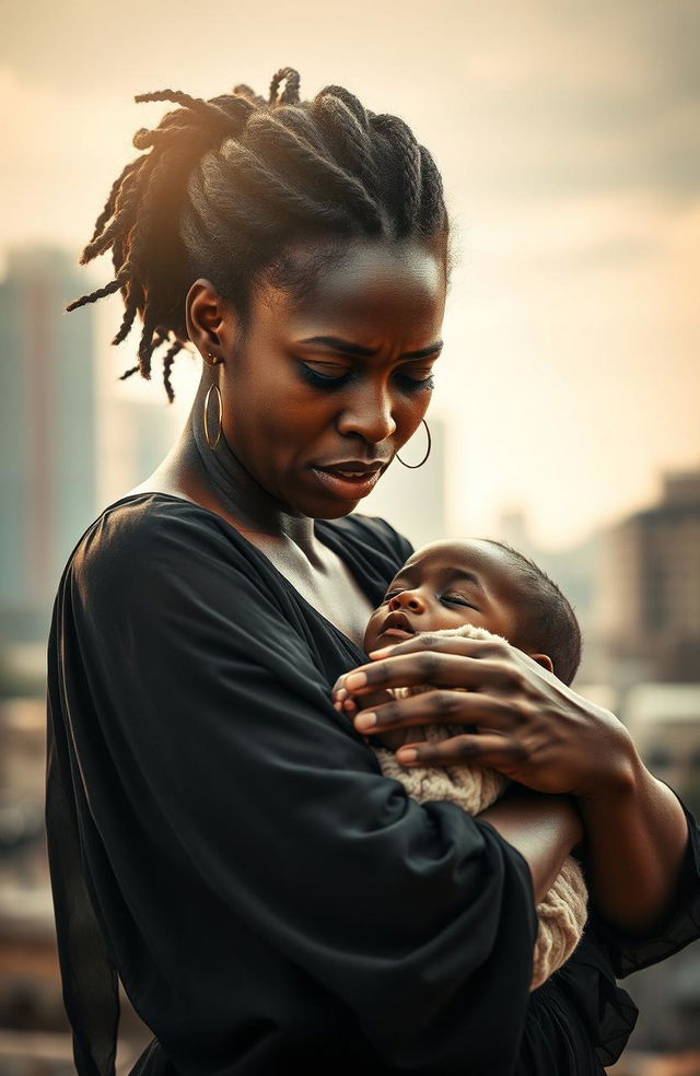 A powerful and emotional scene depicting a Black woman with tears streaming down her face, cradling a lifeless child in her arms