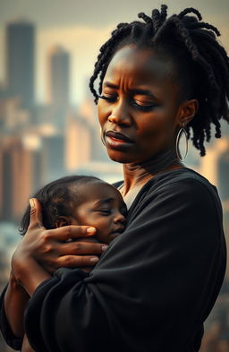 A powerful and emotional scene depicting a Black woman with tears streaming down her face, cradling a lifeless child in her arms