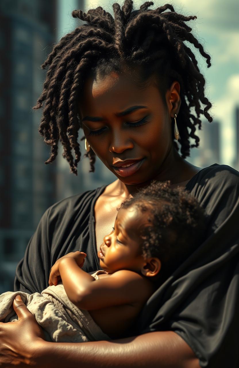 A powerful and emotional scene depicting a Black woman with tears streaming down her face, cradling a lifeless child in her arms