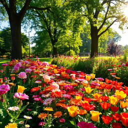 A picturesque summer scene set in a sunlit garden, overflowing with vibrant and colorful flowers in full bloom