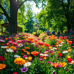 A picturesque summer scene set in a sunlit garden, overflowing with vibrant and colorful flowers in full bloom