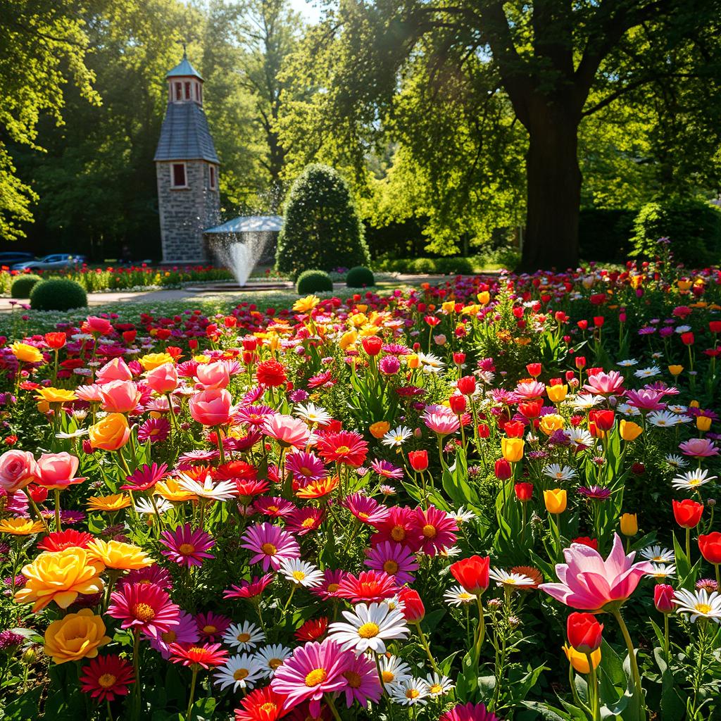 A picturesque summer scene set in a sunlit garden, overflowing with vibrant and colorful flowers in full bloom