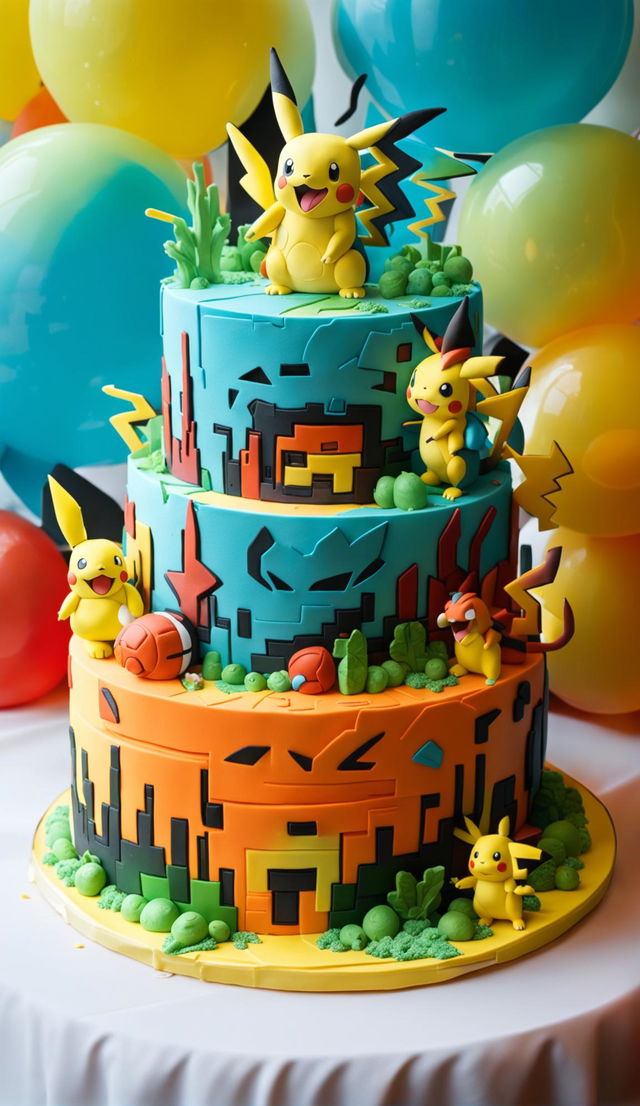 A three-tiered Pokemon-themed birthday cake with each layer representing different habitats of Pokemon: ocean, forest, and fire. A fondant Pikachu sits on top with other Pokemon figures around it.