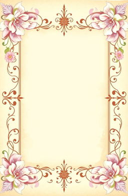 A beautifully designed frame for a poem, featuring intricate floral patterns adorning the corners, soft pastel colors like light pink, lavender, and mint green, a vintage parchment texture in the center for the poem text, with elegant swirls and decorative elements around the border, evoking a romantic and dreamy vibe, perfect for showcasing poetic verses in an artistic way