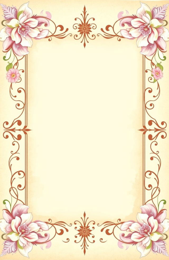 A beautifully designed frame for a poem, featuring intricate floral patterns adorning the corners, soft pastel colors like light pink, lavender, and mint green, a vintage parchment texture in the center for the poem text, with elegant swirls and decorative elements around the border, evoking a romantic and dreamy vibe, perfect for showcasing poetic verses in an artistic way