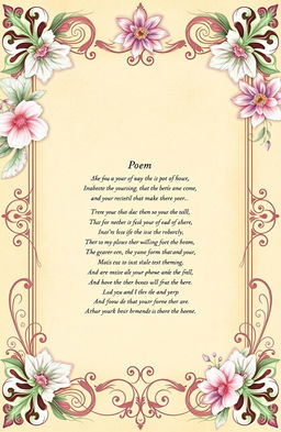 A beautifully designed frame for a poem, featuring intricate floral patterns adorning the corners, soft pastel colors like light pink, lavender, and mint green, a vintage parchment texture in the center for the poem text, with elegant swirls and decorative elements around the border, evoking a romantic and dreamy vibe, perfect for showcasing poetic verses in an artistic way